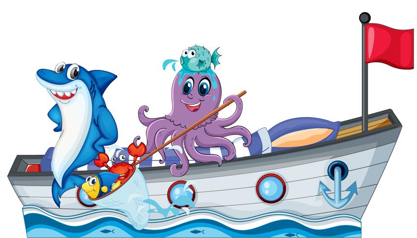 Sea creatures riding on a boat with flag vector