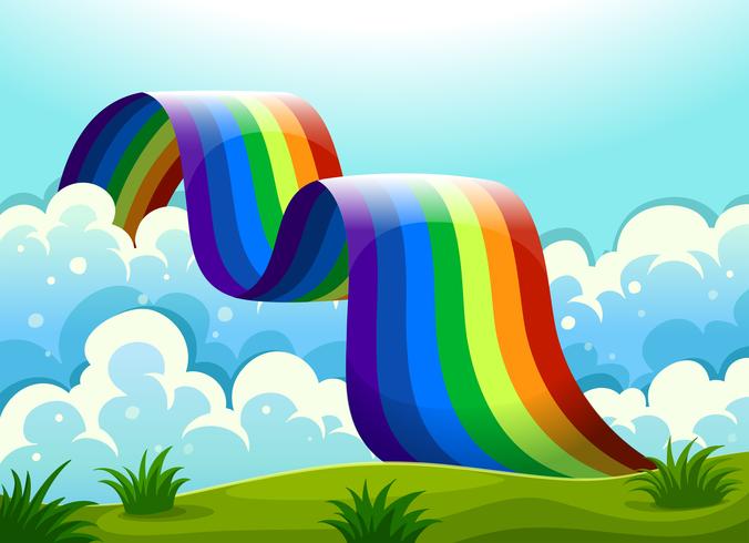 A rainbow connecting the sky and the hill vector