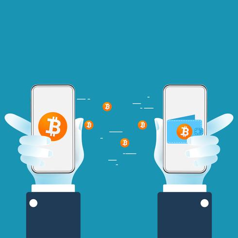 Bitcoin cryptocurrency transferring digital money from wallet to another wallet. Mobile bitcoin wallet concept. vector