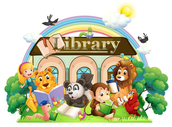 Animals reading in front of the library vector