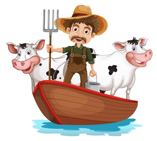 Un barco con un hombre y dos vacas. vector