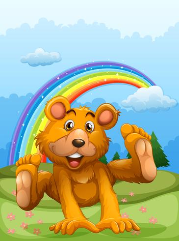 A happy bear playing with a rainbow at the back vector