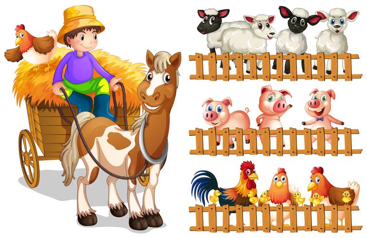 Farmer on wagon and animals behide fence vector