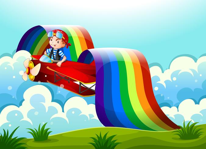 Un avión con un niño y un arco iris en el cielo. vector