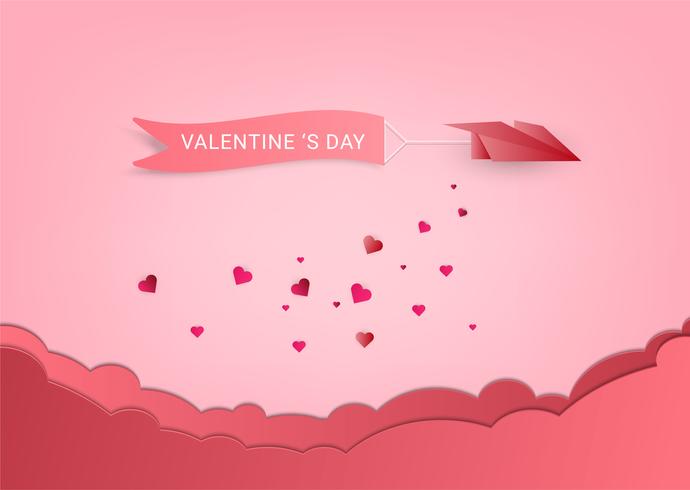 Concept love and valentine day. Origami paper plane flying over cloud with heart scatter on sky. paper art style. vector