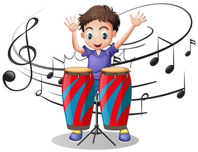 Boy playing drum with music notes in background vector