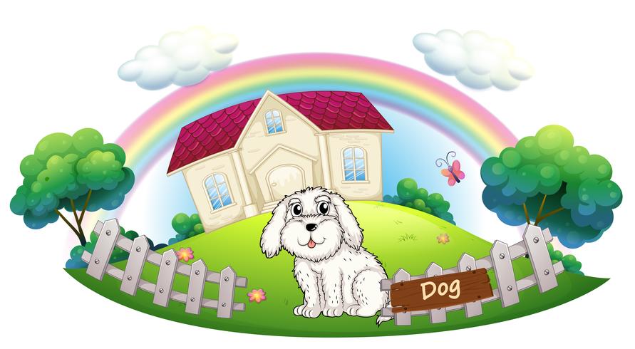 A white dog sitting inside the fence vector