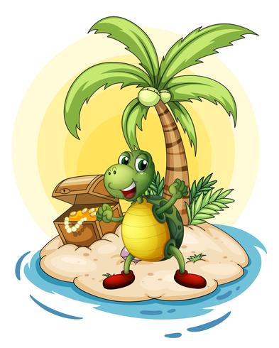 A turtle with a treasure at the back in a small island vector