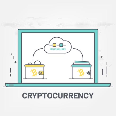 Criptomoneda digital de la tecnología de red blockchain. Concepto de transferencia de bitcoin. Estilo de arte de línea delgada. vector