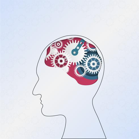 Brainstorming creative idea. Innovation and solution. Human head with gears. Head thinking. vector