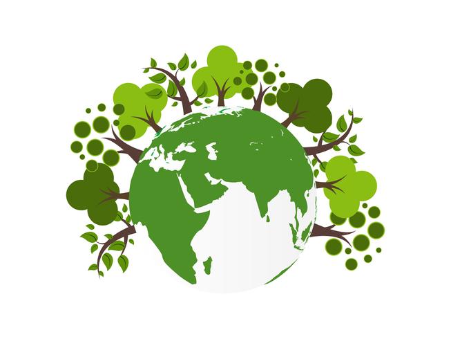 Salvar el concepto del mundo planeta tierra. Concepto del día mundial del medio ambiente. ecología ecológica concepto. Verde hoja verde y árbol en globo terráqueo .. vector