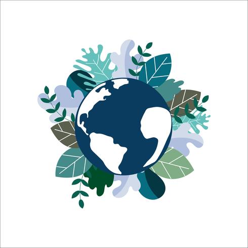 Salvar el planeta tierra. Concepto del día mundial del medio ambiente. Ecología ecológica. Verde natural deja en el globo terráqueo. vector