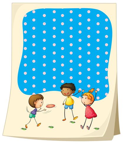 Diseño de papel con niños jugando frisbee. vector