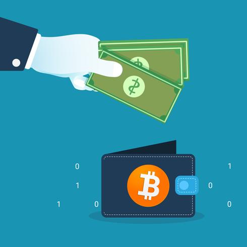 Transferencia de la criptomoneda Bitcoin a la billetera. Concepto de transferencia de dinero digital. vector