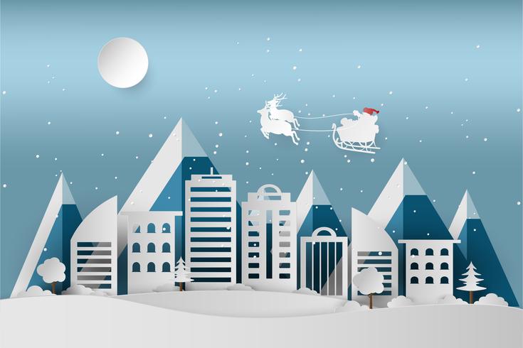 Merry Christmas and Happy New Year. Santa Claus on the sky.  Winter holiday snow in park at cityscape background, paper art and craft style. vector