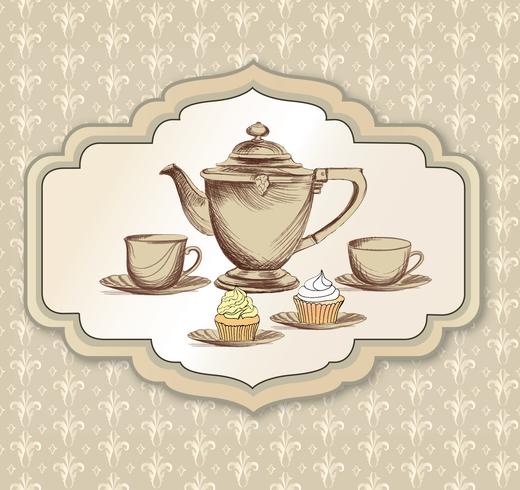 Taza de té, caldera retro tarjeta. Fondo vintage de la hora del té. Bebidas calientes vector