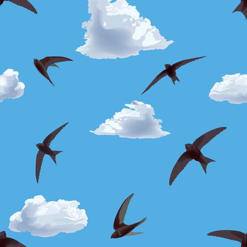 fly bird tile pattern. Sky pattern. Cloudy sky with flying birds vector