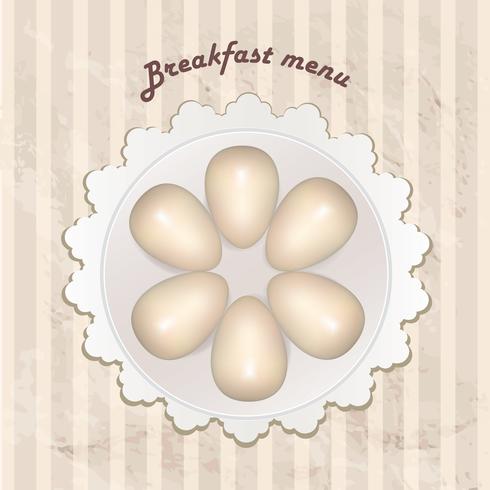 Breakfast menu with cooked eggs over seamless retro pattern. vector