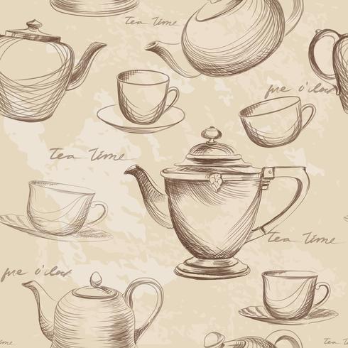 Cup, pot, kettle seamless pattern. Tea time hot drinks background vector
