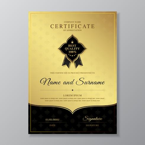 Certificado de oro y negro y diploma de apreciación de lujo y diseño moderno plantilla vector illustration