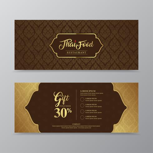 Thai food and thai restaurant luxury gift voucher design template for printing, flyers, poster, web, banner, brochure and card vector illustration