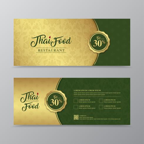 Comida tailandesa y plantilla de diseño de vales de regalo de restaurante tailandés para impresión, volantes, carteles, web, banner, folleto y tarjeta de ilustración vectorial vector