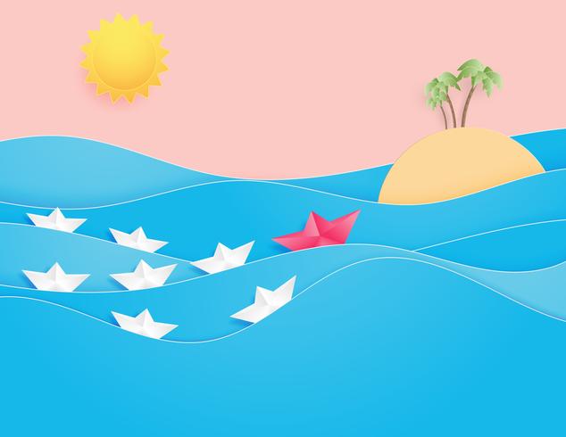 Ocean water wave with origami made sailing boat floating on the sea and sun paper cut style. vector