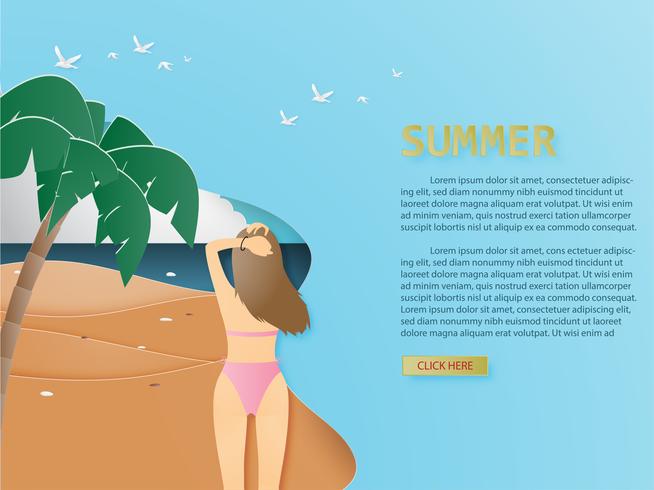 Summer background with back view of bikini young girl at tropical beach and palm paper cut style. vector