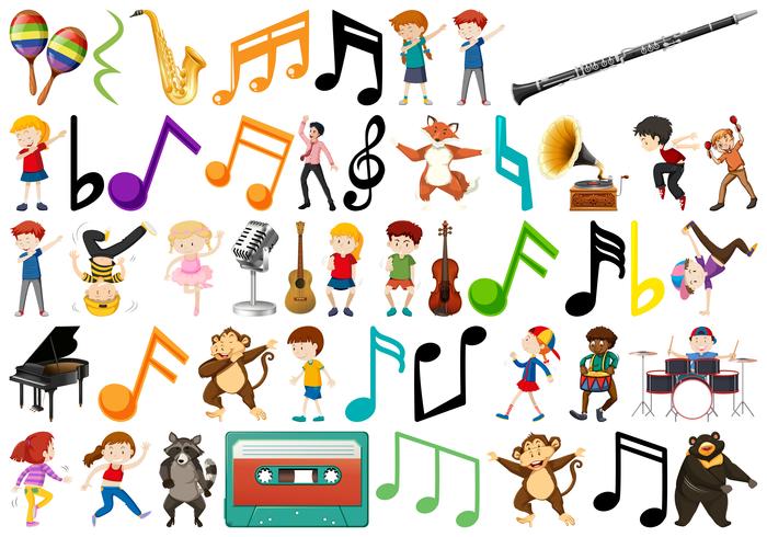 Grupo de niños y nota musical. vector