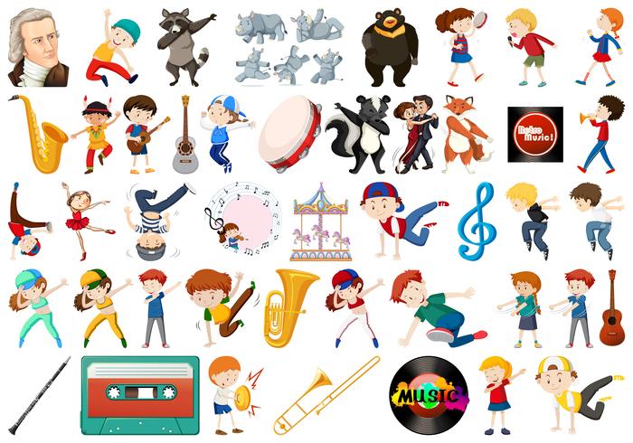 Conjunto de objetos musicales y bailes. vector