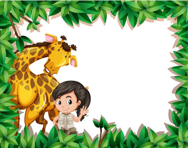 A girl with giraffe on nature frame vector