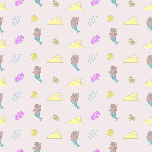 Cute cat, mermaid, summer, seamless pattern vector