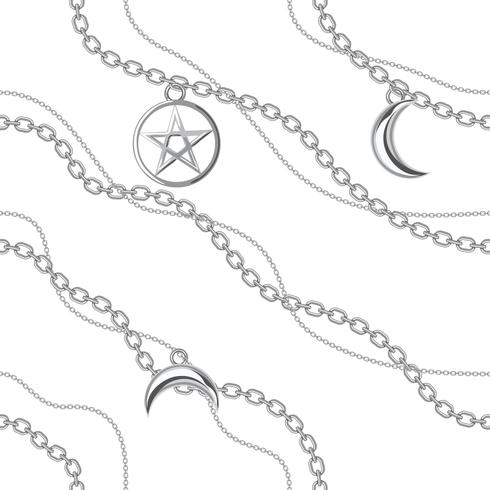 Fondo inconsútil del modelo con los colgantes del pentagram y de la luna en la cadena de plata metálica. En blanco Ilustración vectorial vector