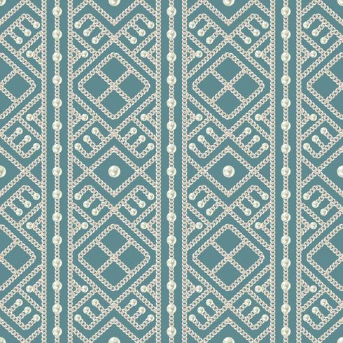 Seamless pattern of silver chain geometrical ornament and pearls on blue background. Vector illustration
