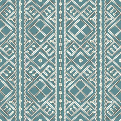 Seamless pattern of silver chain geometrical ornament and pearls on blue background. Vector illustration