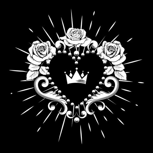 Corazón ornamental hermoso con la corona y las rosas en el color blanco aisladas en fondo negro. Ilustración vectorial vector