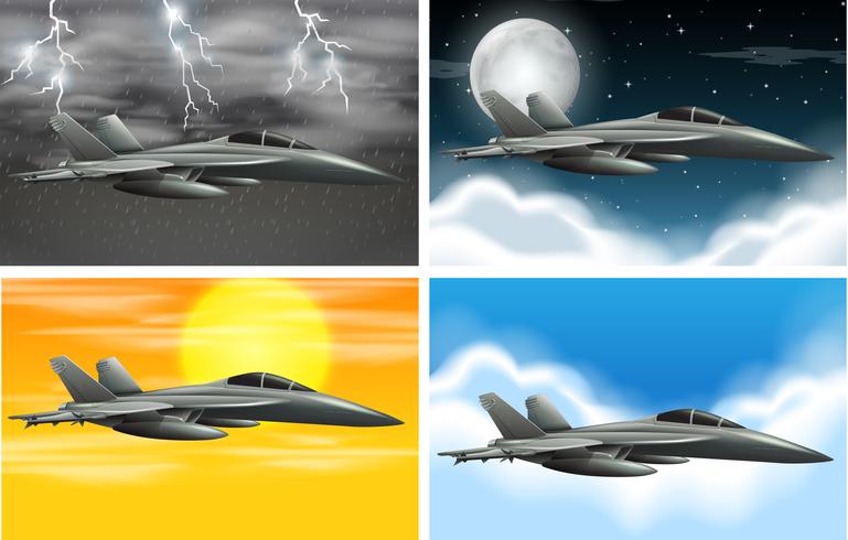 Set of army plane on different weather vector