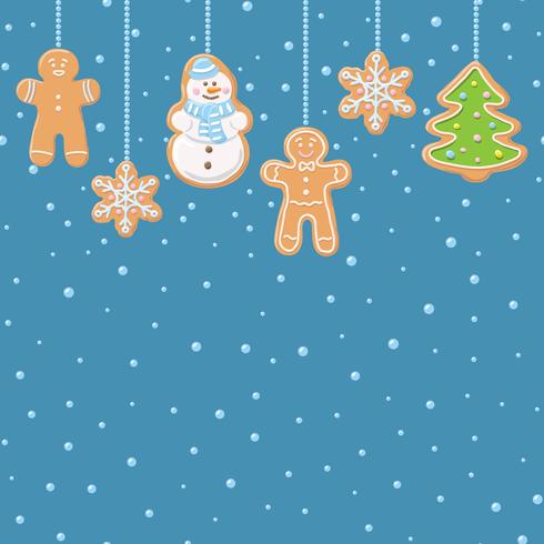 Hanging gingerbread man, tree, snowman and stars cookies isolated on blue vector