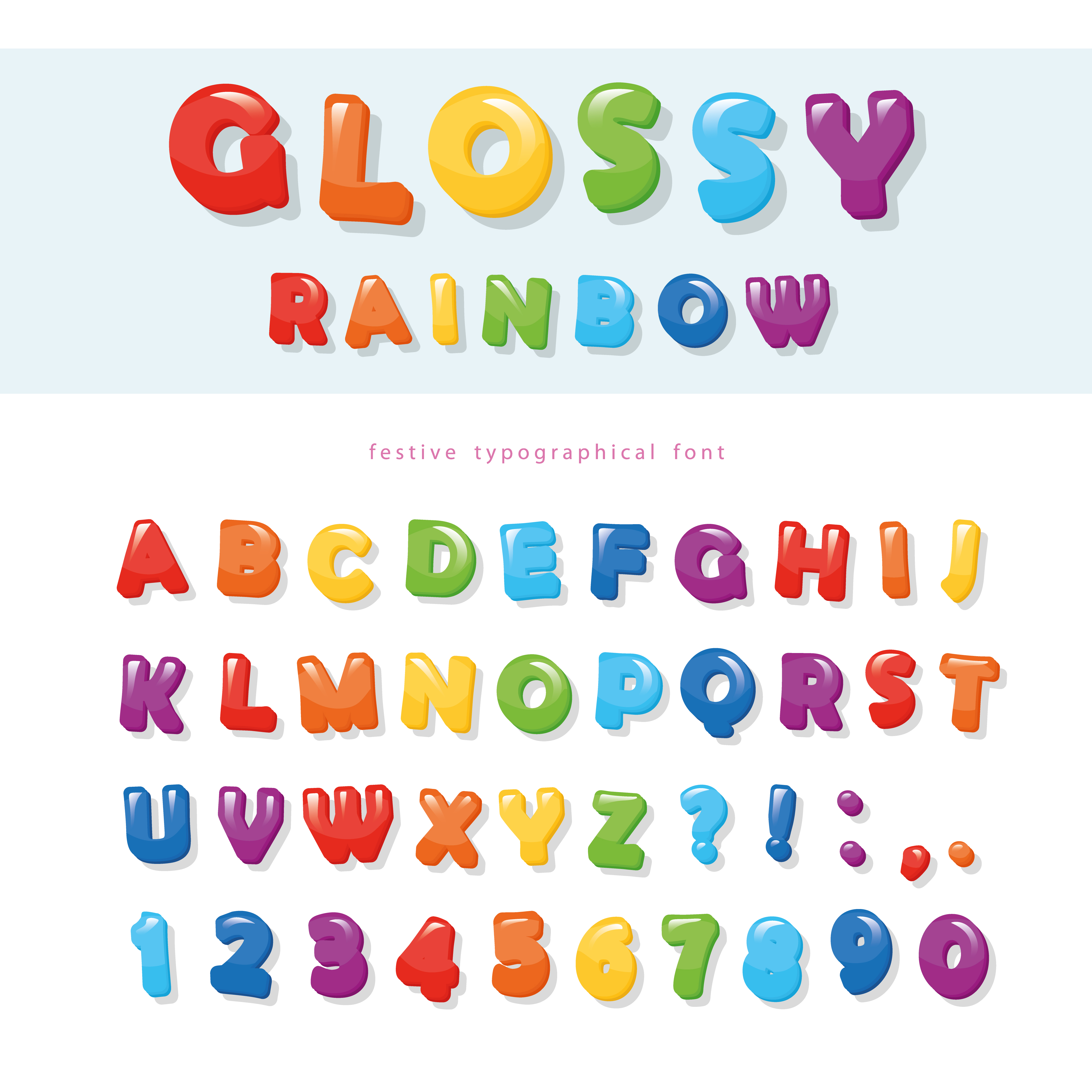 Glossy rainbow colored font design. Festive ABC letters and numbers