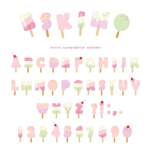 Ice cream eskimo font. Popsicle colorful letters and numbers can be used for summer design. Isolated on white. vector