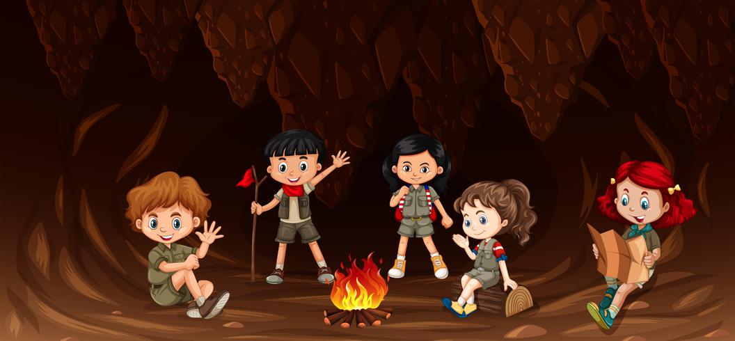 Group of multicultural children camping vector