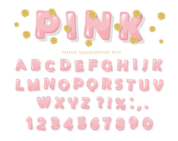 Pink glossy font. ABC letters and numbers for girls. Gold glitter confetti. vector