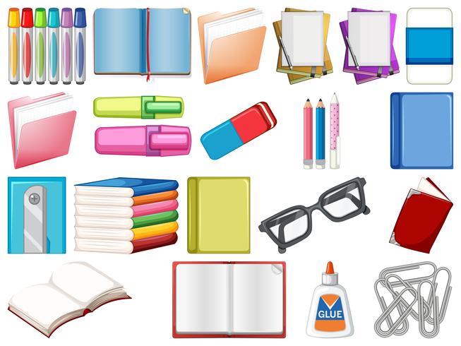 Set de papelería y libros. vector