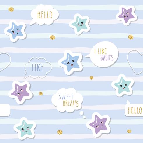 El fondo inconsútil lindo del modelo con las estrellas del kawaii de la historieta y las burbujas del discurso. Para niños pequeños ropa de bebés, pijamas, baby shower de diseño. Pastel azul y purpurina. vector