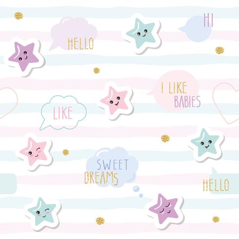 El fondo inconsútil lindo del modelo con las estrellas del kawaii de la historieta y las burbujas del discurso. Para niñas, ropa de bebés, pijamas, baby shower de diseño. Rosa pastel, azul y purpurina. vector