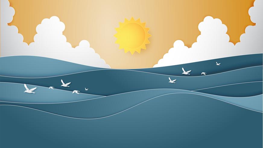 Landscape of Ocean water wave with sun, cloudscape and flying seagulls paper cut style. vector