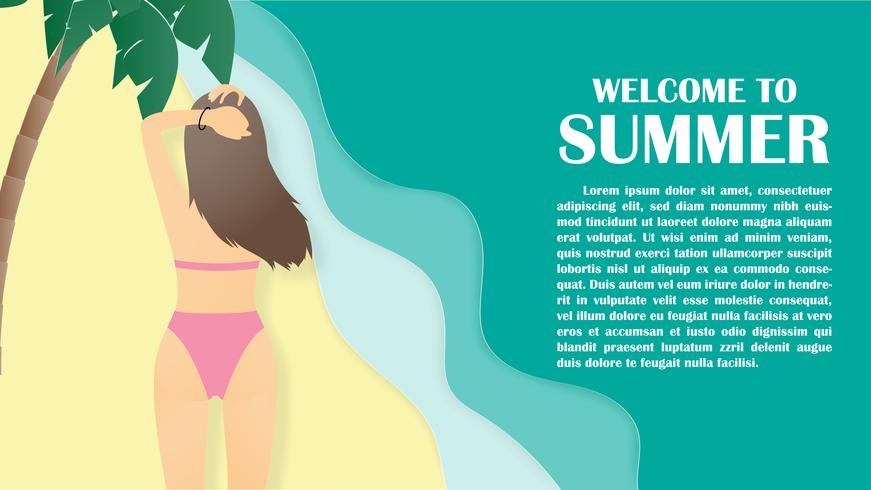 Summer background with back view of bikini young girl at tropical beach and palm paper cut style. vector