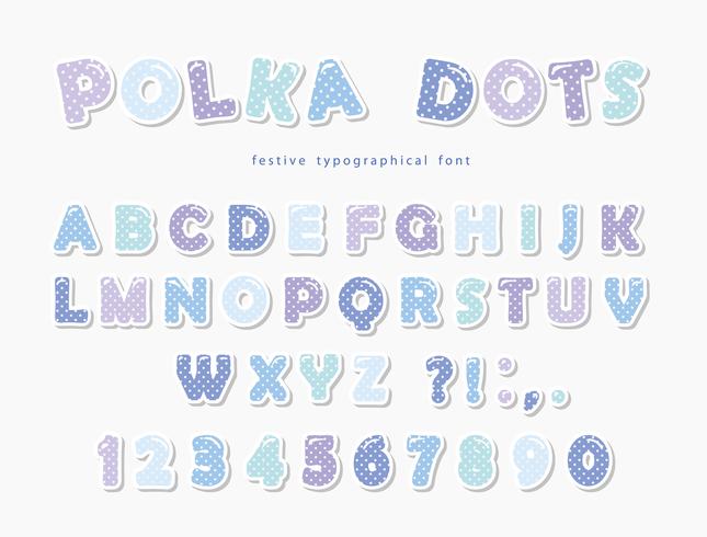 Cute polka dots font in pastel blue. Paper cutout ABC letters and numbers. Funny alphabet. vector