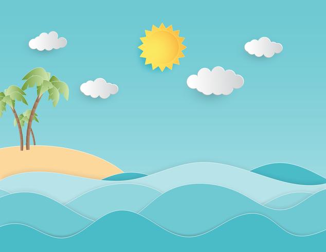 El papel de concepto creativo del fondo del verano del ejemplo cortó estilo con el paisaje de la onda del mar y la playa con la palmera. vector