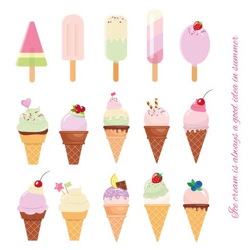 Cono de helado y conjunto de paleta aislado en blanco. vector